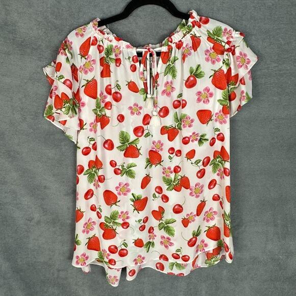 Rose Olive Top Womens 1X White Strawberry Cherry Ruffle Summer Preppy Whimsy - Picture 1 of 14